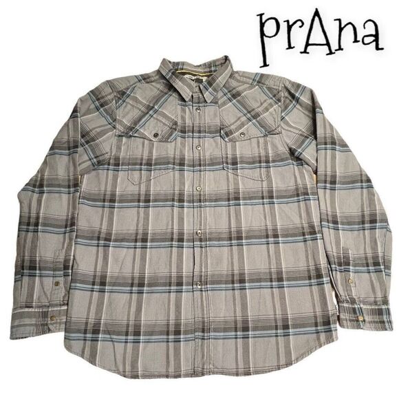 Prana Breath Flannel Shirt Large Blue, Grey  Plaid Check Long Sleeve Lined XL - Picture 1 of 7